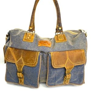 The Barrel Shack Owen Blue Canvas Large Messenger Bag Brown Leather Trim